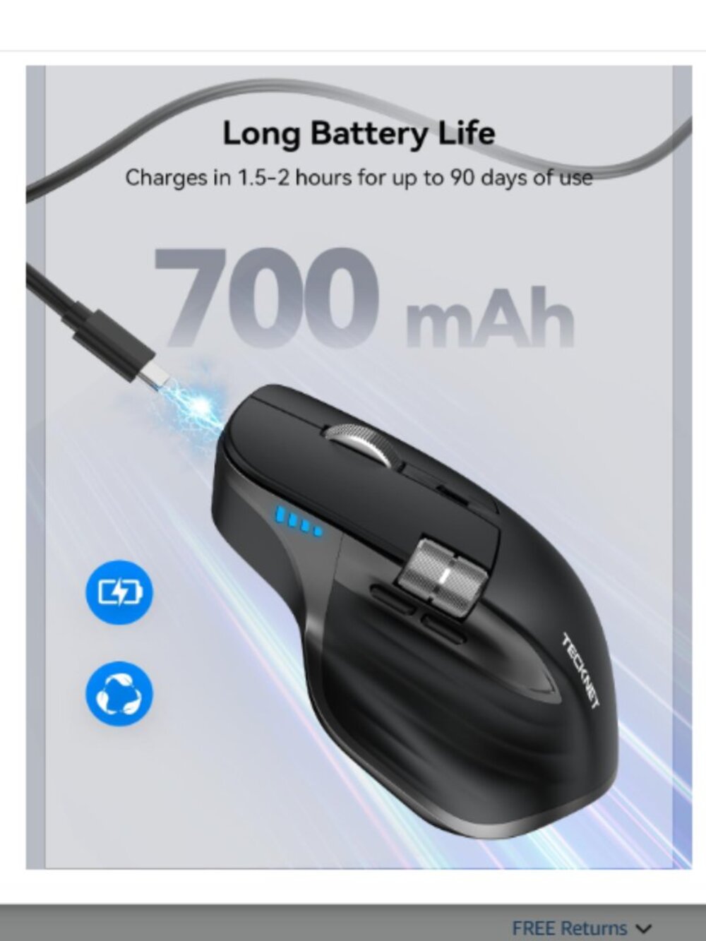 TECKNET Wireless Mouse, Bluetooth Mouse (BT5.3/5.0 & 2.4G) Rechargeable New - Picture 5 of 9